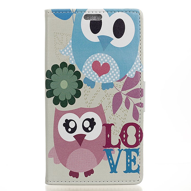PU Leather Card Holder Case with Stand for Huawei Y6II Compact - Cute Owl and LOVE Pattern-1