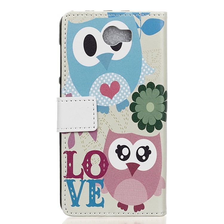 PU Leather Card Holder Case with Stand for Huawei Y6II Compact - Cute Owl and LOVE Pattern-2