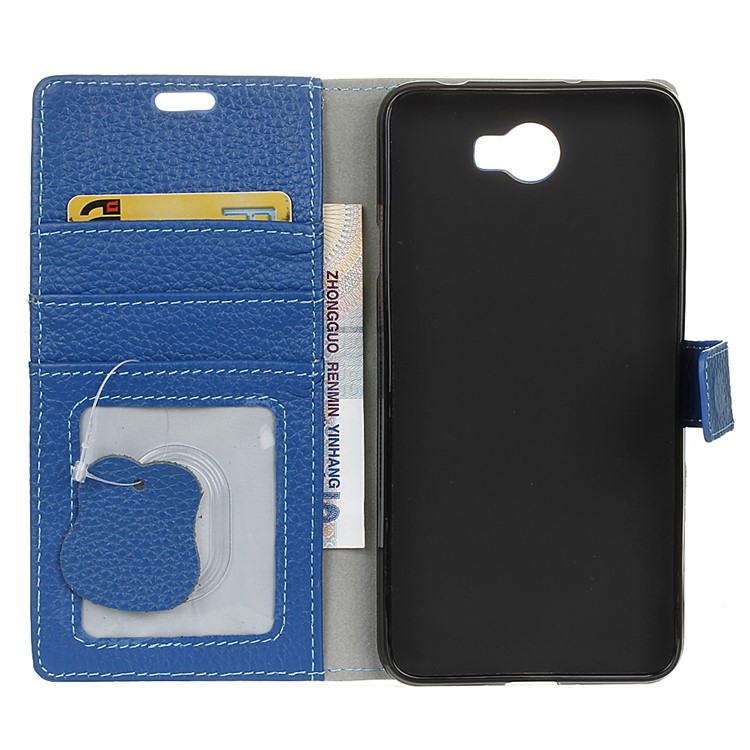 Genuine Leather Wallet Stand Phone Cover for Huawei Y6II Compact - Blue-4