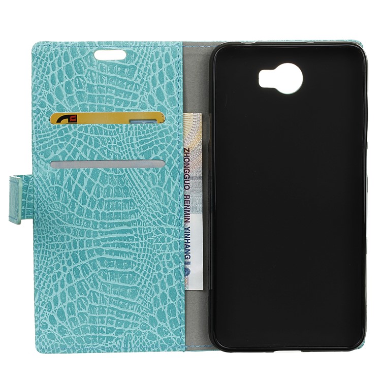 Crocodile Style Texture Flip Stand Leather Wallet Shell for Huawei Y6 II Compact - Cyan-4
