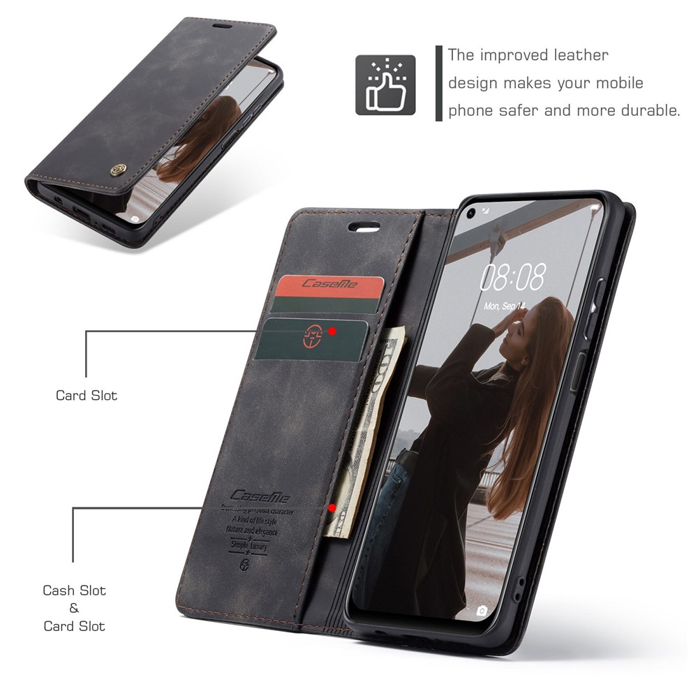 Caseme 013 -serie Für Huawei P40 Lite 4G/Nova 7i/nova 6 se PU Leder Folio Flip Wallet Wallet Deckung Verstellbarer Stand Telefon Hülle - Schwarz