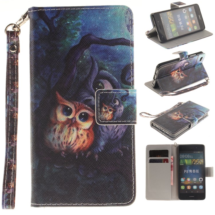 Leather Wallet Stand Case for Huawei Ascend P8 Lite with Wrist Strap - Two Owls on Branch-1