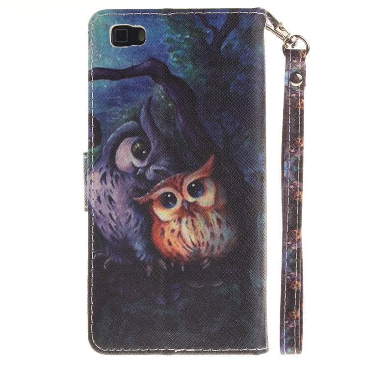 Leather Wallet Stand Case for Huawei Ascend P8 Lite with Wrist Strap - Two Owls on Branch-3