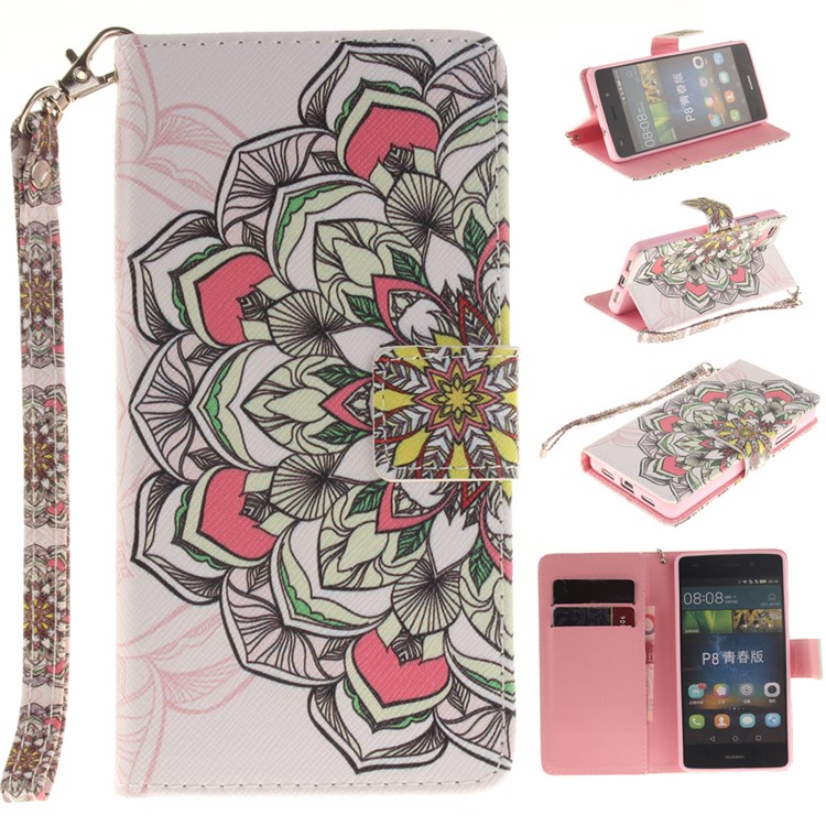 For Huawei Ascend P8 Lite PU Leather Flip Case with Wrist Strap - Colored Henna Flower-1