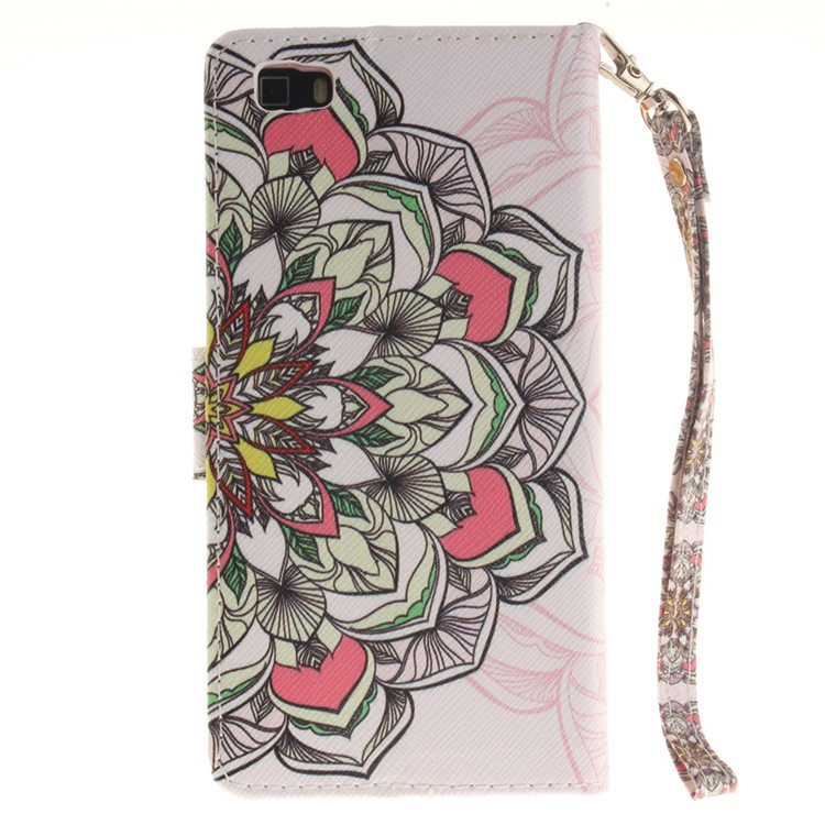 For Huawei Ascend P8 Lite PU Leather Flip Case with Wrist Strap - Colored Henna Flower-3