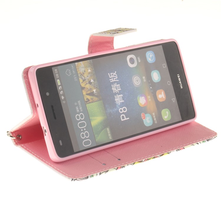 For Huawei Ascend P8 Lite PU Leather Flip Case with Wrist Strap - Colored Henna Flower-6