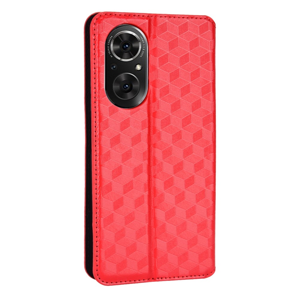 For Huawei nova 9 SE/Honor 50 SE Imprinted Rhombus Pattern Wallet Case PU Leather Stand Function Magnetic Auto-absorbed Phone Protector - Red-7