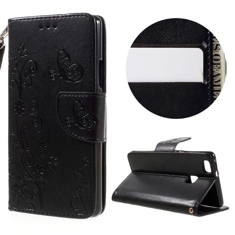 Imprint Flower Wallet Leather Stand Case with Wrist Strap for Huawei P9 Lite / G9 Lite - Black-1