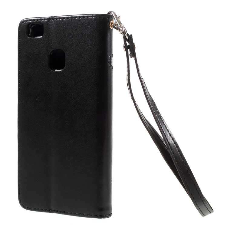 Imprint Flower Wallet Leather Stand Case with Wrist Strap for Huawei P9 Lite / G9 Lite - Black-2