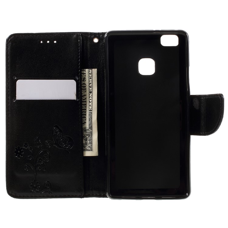 Imprint Flower Wallet Leather Stand Case with Wrist Strap for Huawei P9 Lite / G9 Lite - Black-6