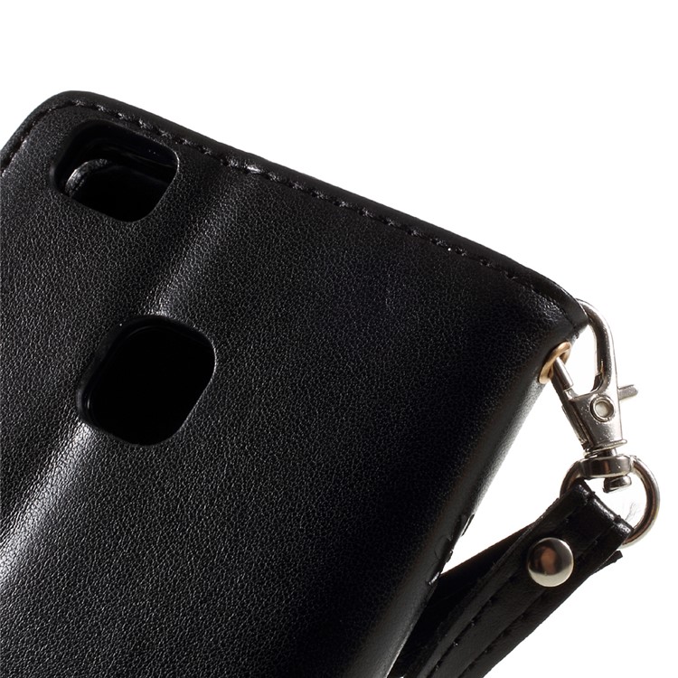 Imprint Flower Wallet Leather Stand Case with Wrist Strap for Huawei P9 Lite / G9 Lite - Black-8