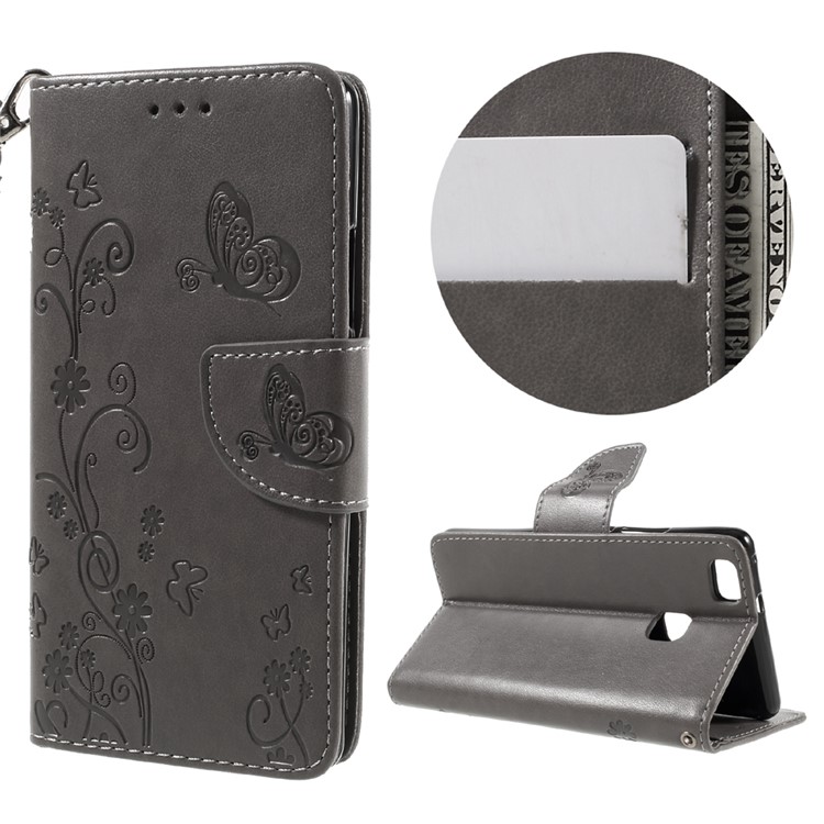 Imprint Flower Wallet Leather Stand Cover for Huawei P9 Lite / G9 Lite - Grey-1