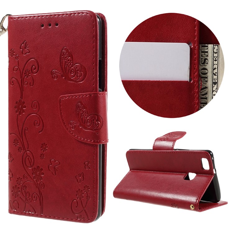 Imprint Flower Wallet Leather Cover with Wrist Strap for Huawei P9 Lite / G9 Lite - Red-1