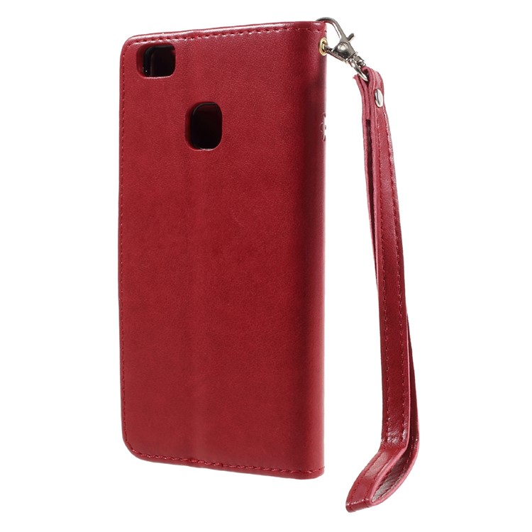 Imprint Flower Wallet Leather Cover with Wrist Strap for Huawei P9 Lite / G9 Lite - Red-2