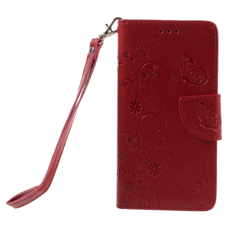 Imprint Flower Wallet Leather Cover with Wrist Strap for Huawei P9 Lite / G9 Lite - Red-3
