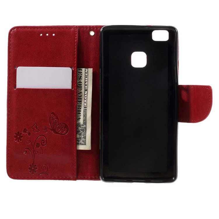 Imprint Flower Wallet Leather Cover with Wrist Strap for Huawei P9 Lite / G9 Lite - Red-6