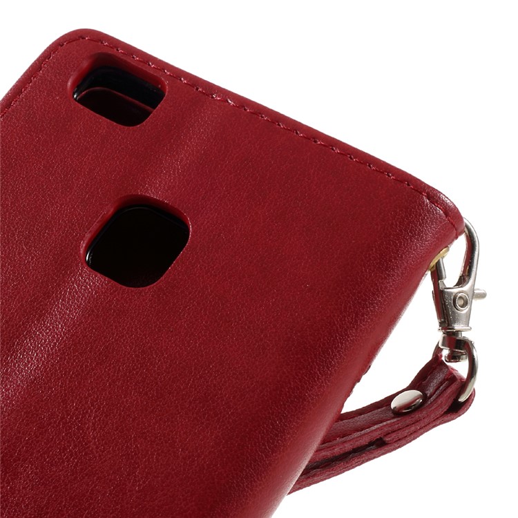 Imprint Flower Wallet Leather Cover with Wrist Strap for Huawei P9 Lite / G9 Lite - Red-8