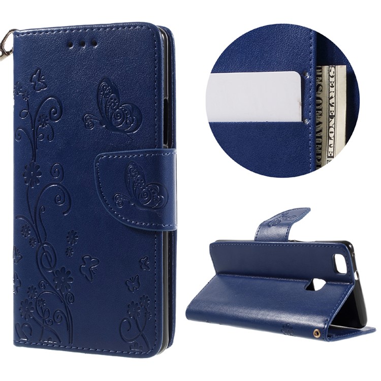 For Huawei P9 Lite / G9 Lite Imprint Flower Leather Wallet Flip Cover with Wrist Strap - Blue-1