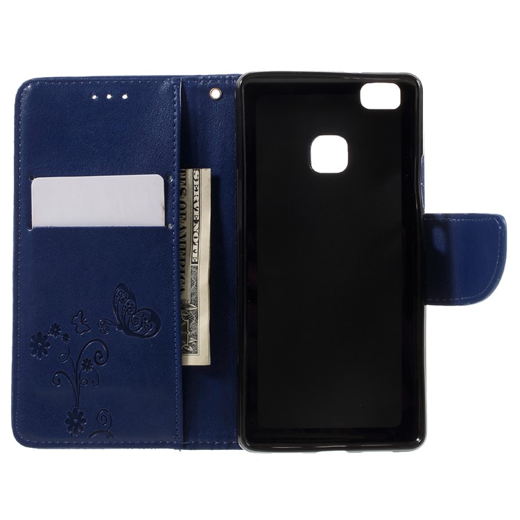For Huawei P9 Lite / G9 Lite Imprint Flower Leather Wallet Flip Cover with Wrist Strap - Blue-6
