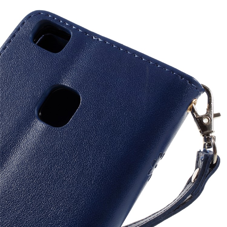 For Huawei P9 Lite / G9 Lite Imprint Flower Leather Wallet Flip Cover with Wrist Strap - Blue-8