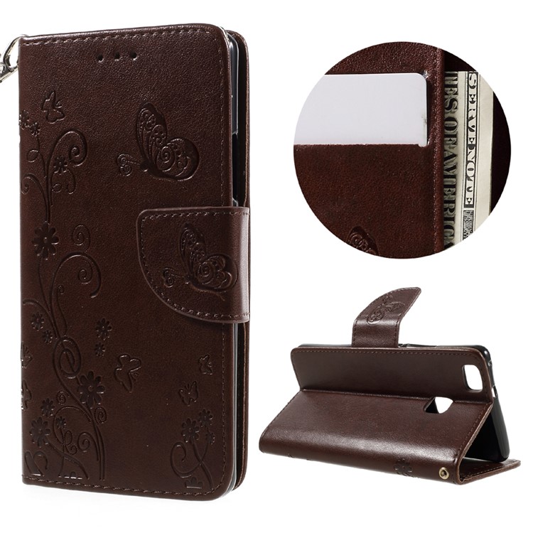 For Huawei P9 Lite / G9 Lite Imprint Flower PU Leather Stand Case with Wrist Strap - Brown-1