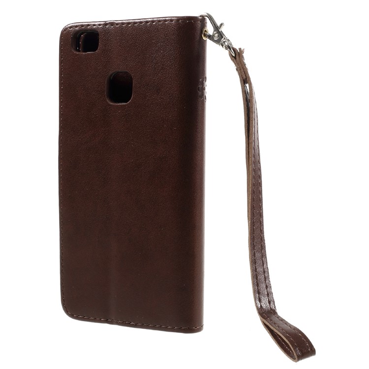 For Huawei P9 Lite / G9 Lite Imprint Flower PU Leather Stand Case with Wrist Strap - Brown-2