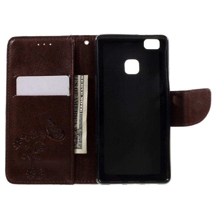 For Huawei P9 Lite / G9 Lite Imprint Flower PU Leather Stand Case with Wrist Strap - Brown-6
