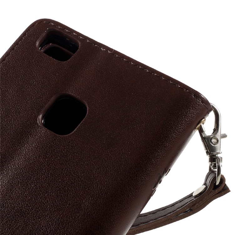 For Huawei P9 Lite / G9 Lite Imprint Flower PU Leather Stand Case with Wrist Strap - Brown-8