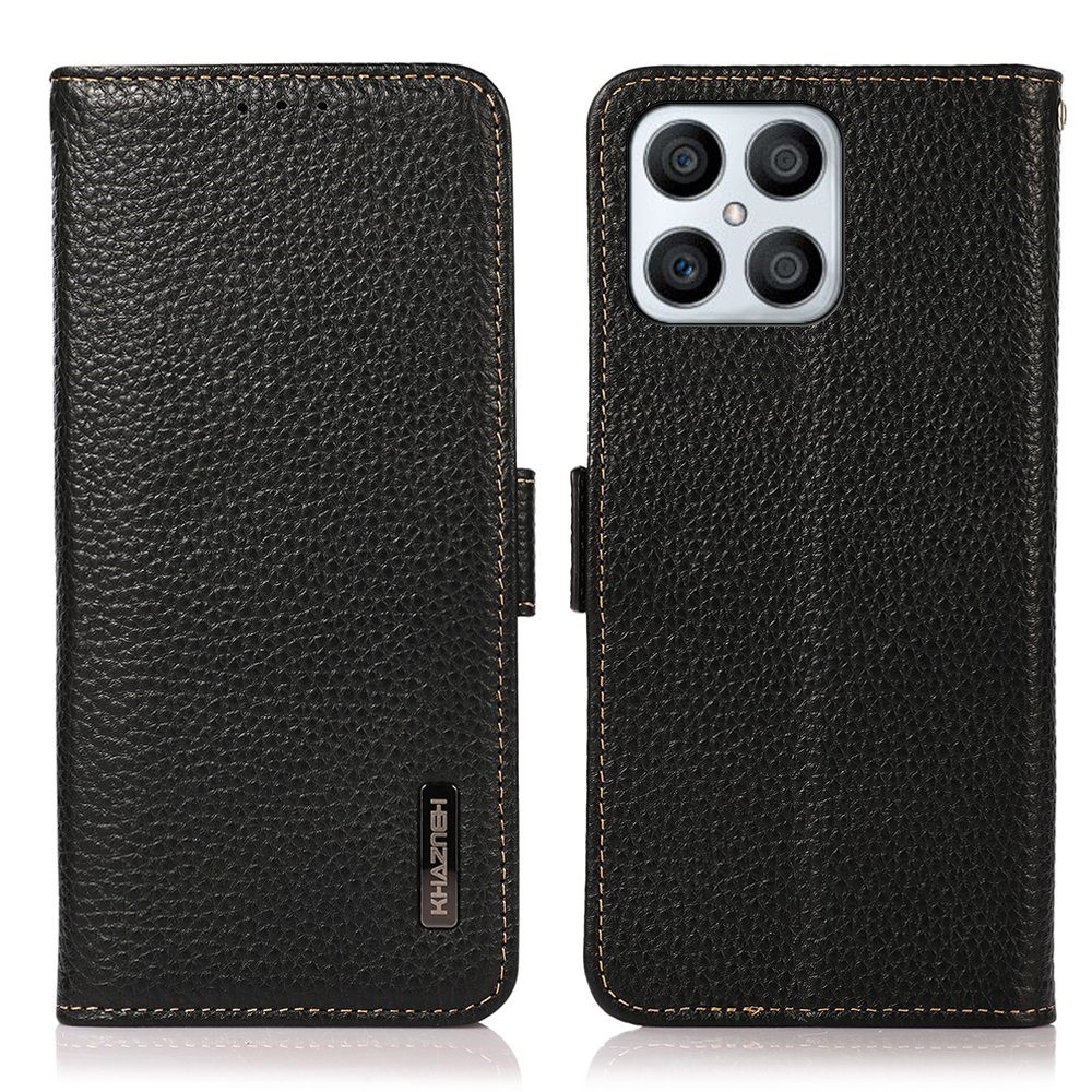 KHAZNEH For Honor X8/30i/Play6T Pro Litchi Texture Genuine Leather Wallet Flip Case Side Magnetic Clasp RFID Blocking Stand Protective Cover - Black-1