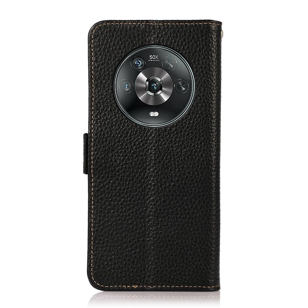 KHAZNEH For Honor Magic4 RFID Blocking Phone Cover Litchi Texture Genuine Leather Wallet Magnetic Closure Foldable Stand Folio Case - Black-8