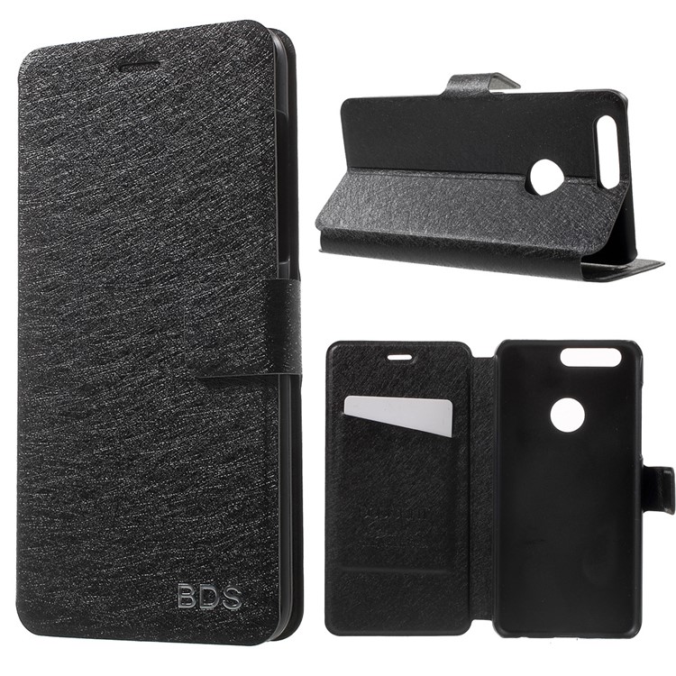 Silk Texture Folio Stand Leather Case with Card Slot for Huawei Honor 8 - Black-1