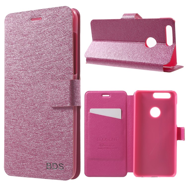 Silk Texture Flip Leather Stand Case with Card Slot for Huawei Honor 8 - Rose-1