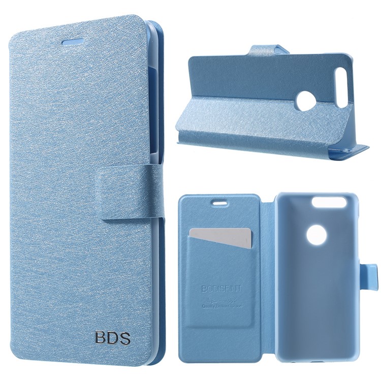 For Huawei Honor 8 Silk Grain Folio Leather Stand Case with Card Holder - Baby Blue-1