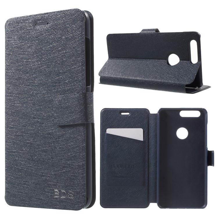 Silk Texture Magnetic Stand Leather Shell with Card Holder for Huawei Honor 8 - Dark Blue-1