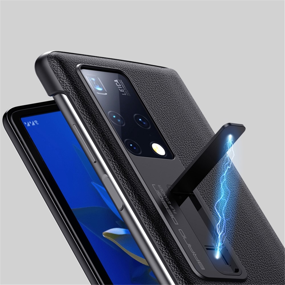 For Huawei Mate X2 PC + Cowhide Leather Kickstand Folding Phone Case with HD Clear Tempered Glass Screen Protector - Black-5