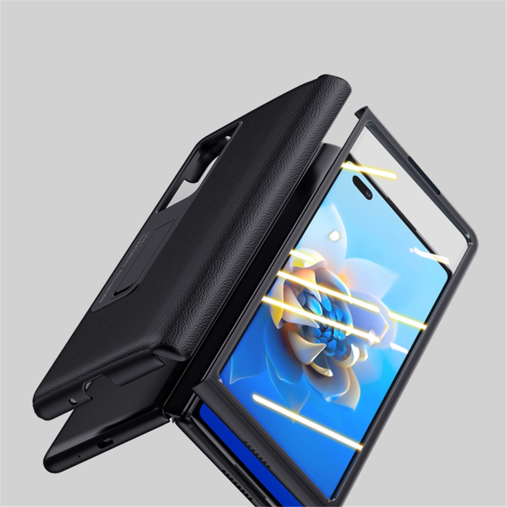 For Huawei Mate X2 PC + Cowhide Leather Kickstand Folding Phone Case with HD Clear Tempered Glass Screen Protector - Black-6