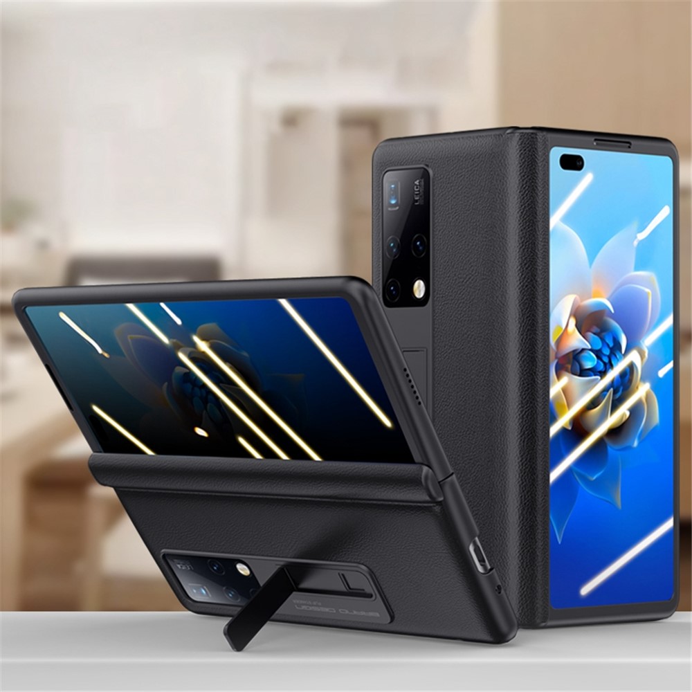 Cowhide Leather + PC Folding Phone Case for Huawei Mate X2, Kickstand Cover with Anti-spy Tempered Glass Screen Protector - Blue-3