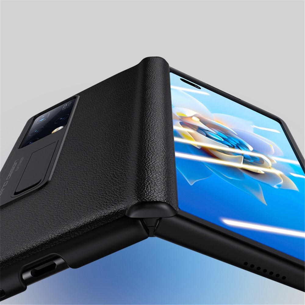 Cowhide Leather + PC Folding Phone Case for Huawei Mate X2, Kickstand Cover with Anti-spy Tempered Glass Screen Protector - Blue-4