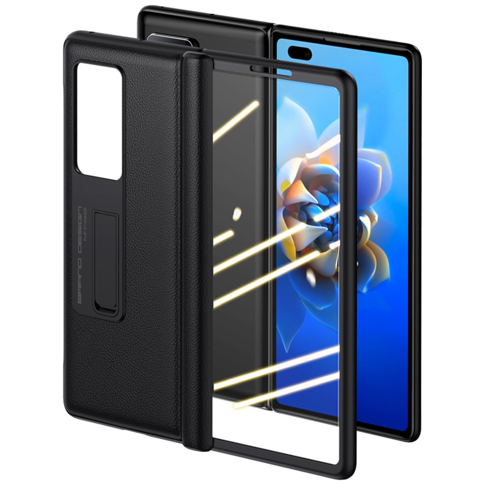 Cowhide Leather + PC Folding Phone Case for Huawei Mate X2, Kickstand Cover with Anti-spy Tempered Glass Screen Protector - Blue-7