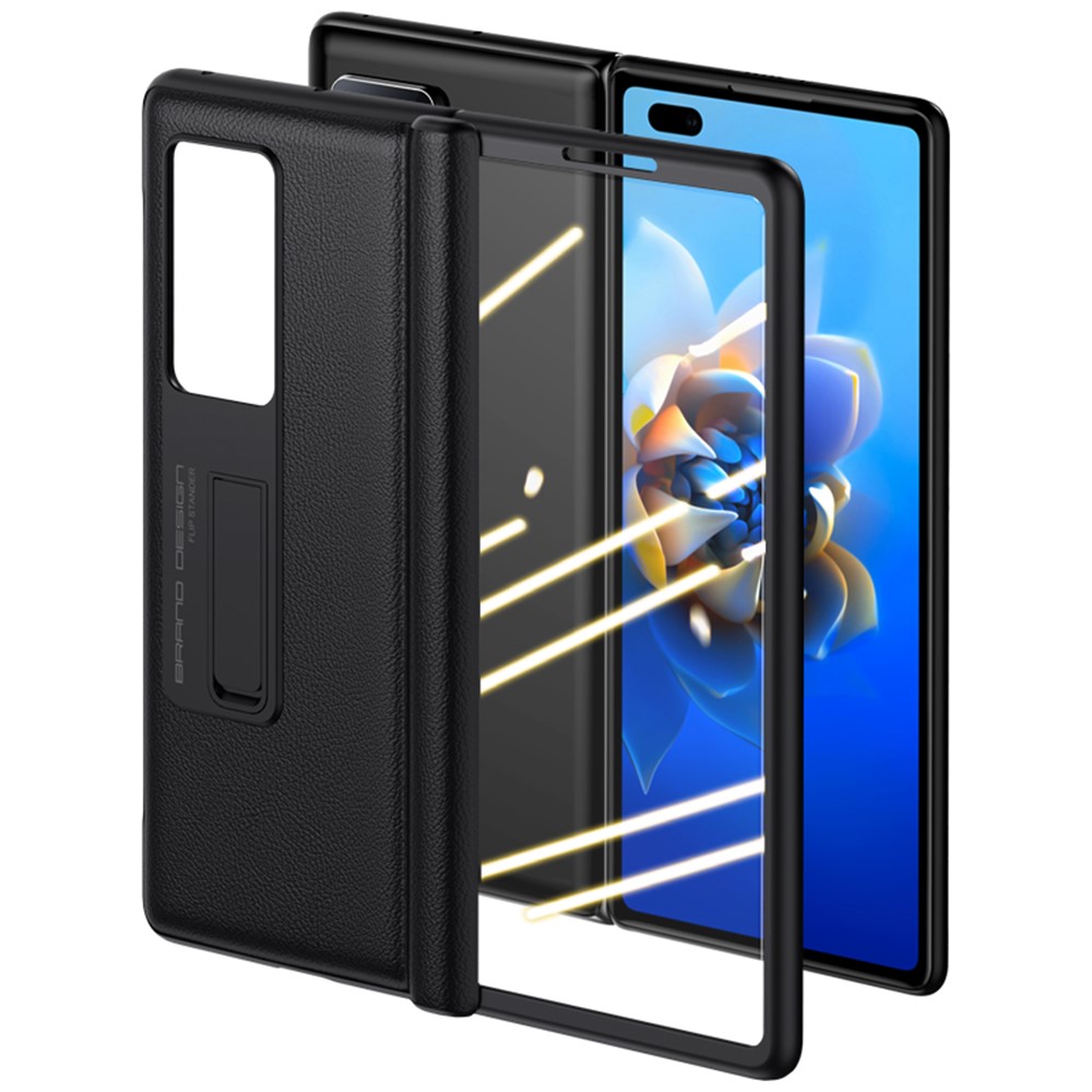 Cow Wide Leather + PC Plegable Case de Teléfonos Para Huawei Mate X2, Cubierta de Parada de Patada Con Protector de Pantalla de Vidrio Templado Anti-spy - Azul