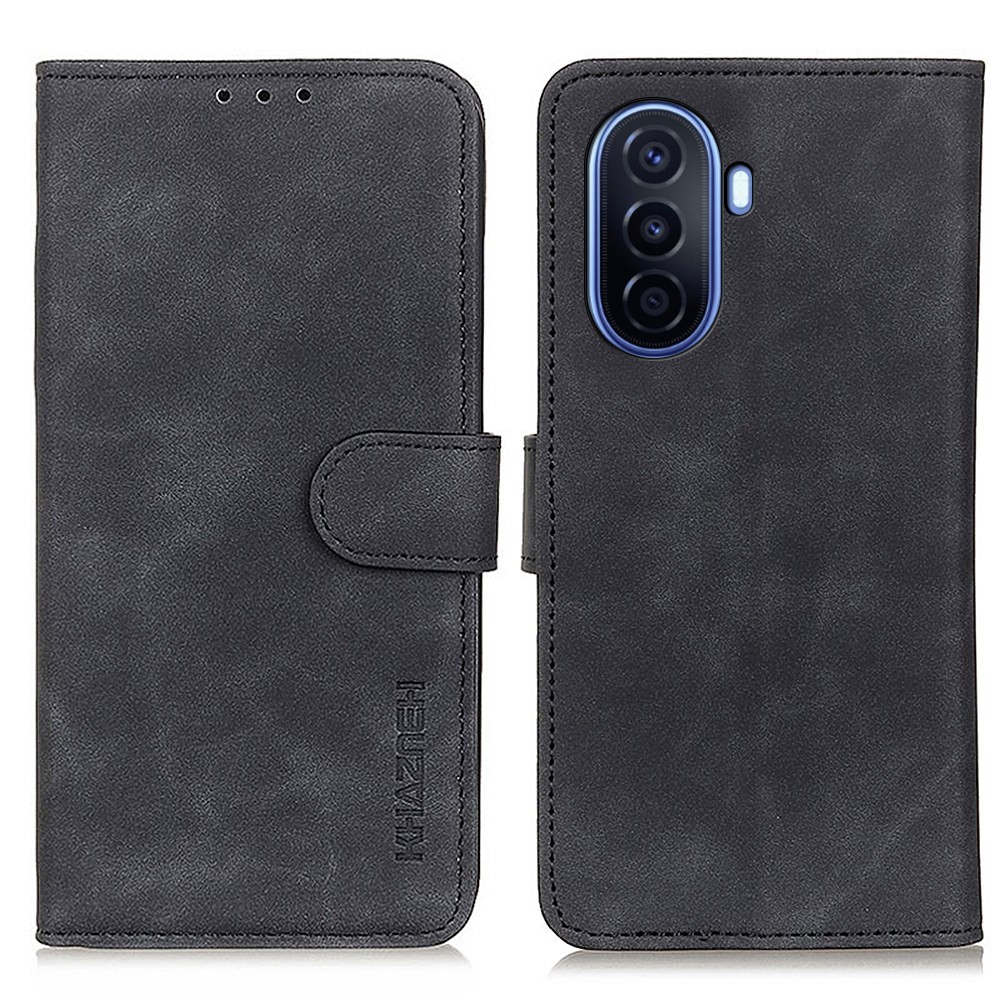 KHAZNEH Phone Case for Huawei nova Y70 Anti-fall Retro Textured PU Leather Flip Case Wallet Wear-resistant Magnetic Clasp Phone Shell with Stand - Black-1