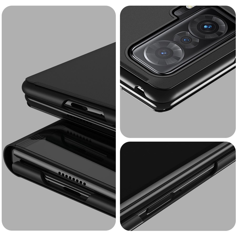 For Honor Magic V Clear View Window Electroplate Flip Mirror Case PU Leather Stand Scratch-proof Full Body Protective Cover - Black-7