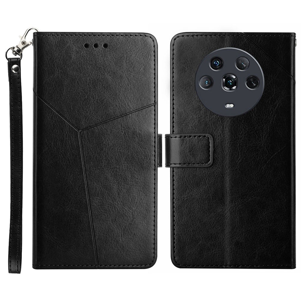 For Honor Magic4 HT01 Imprinted Y-Shaped Lines Shockproof PU Leather Flip Wallet Case with Comfortable Hand Feeling Stand Folio Cover with Strap - Black-1