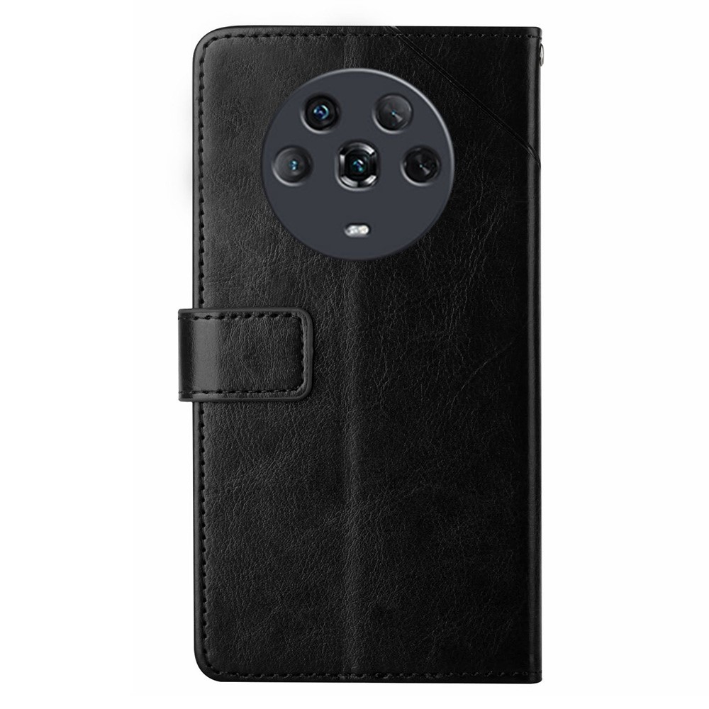 For Honor Magic4 HT01 Imprinted Y-Shaped Lines Shockproof PU Leather Flip Wallet Case with Comfortable Hand Feeling Stand Folio Cover with Strap - Black-9