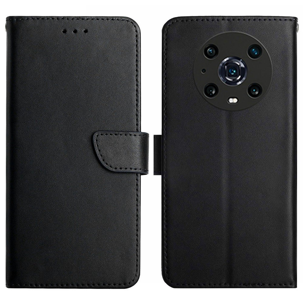 For Honor Magic4 Pro 5G Drop-proof Genuine Leather Case Anti-scratch Nappa Texture Stand Wallet Case Shockproof Magnetic Cover - Black-1