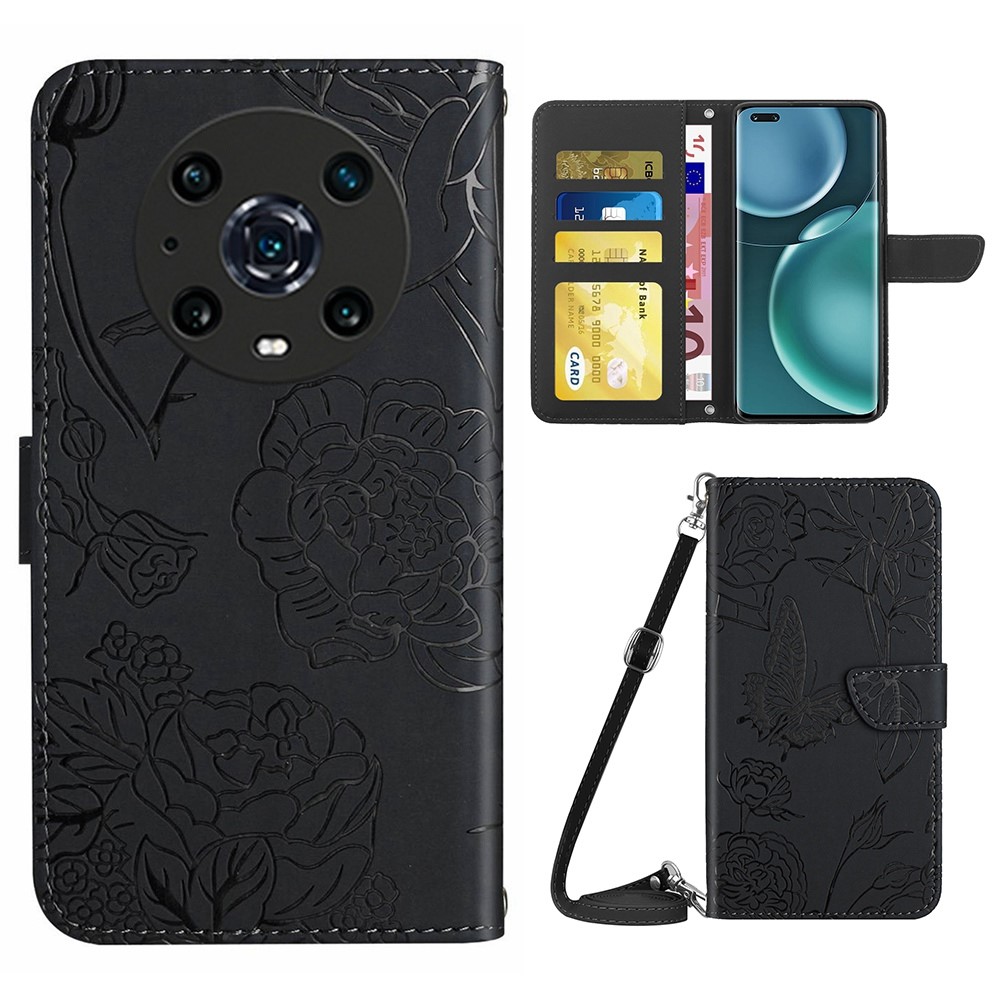 For Honor Magic4 Pro 5G Anti-fall Shockproof Flip Leather Case Butterfly Flowers Pattern Imprinted Wallet Scratch-proof Phone Cover Stand with Shoulder Strap - Black-1