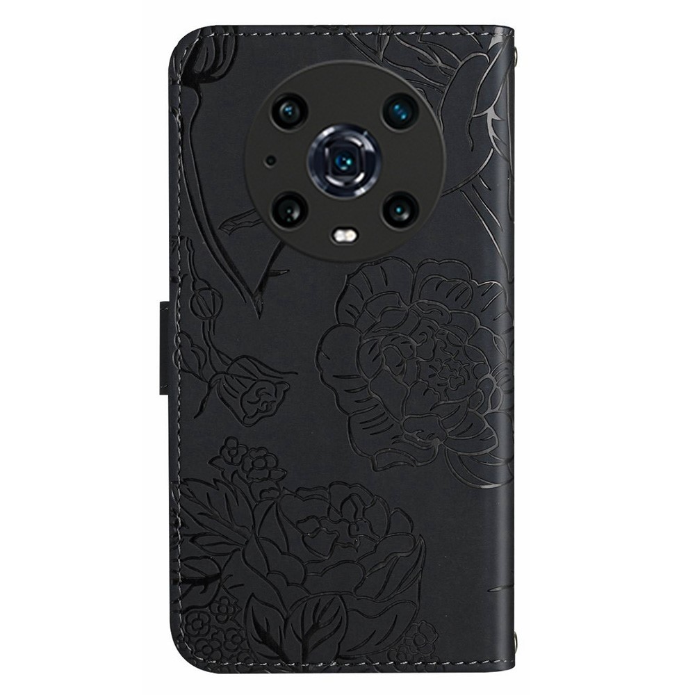 For Honor Magic4 Pro 5G Anti-fall Shockproof Flip Leather Case Butterfly Flowers Pattern Imprinted Wallet Scratch-proof Phone Cover Stand with Shoulder Strap - Black-11