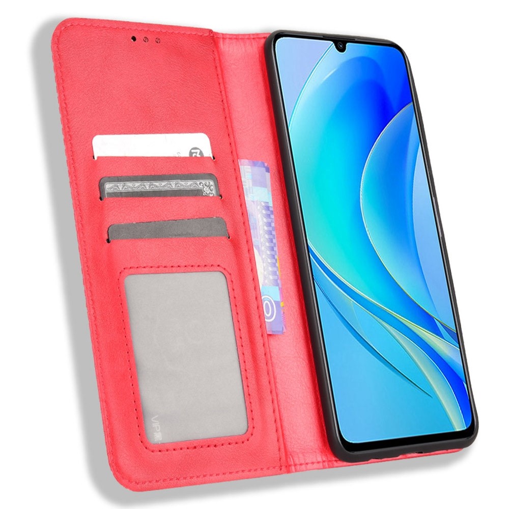 For Huawei nova Y70 4G/nova Y70 Plus 4G PU Leather Retro Texture Anti-wear Cell Phone Case Stand Wallet Shockproof Cover - Red-2