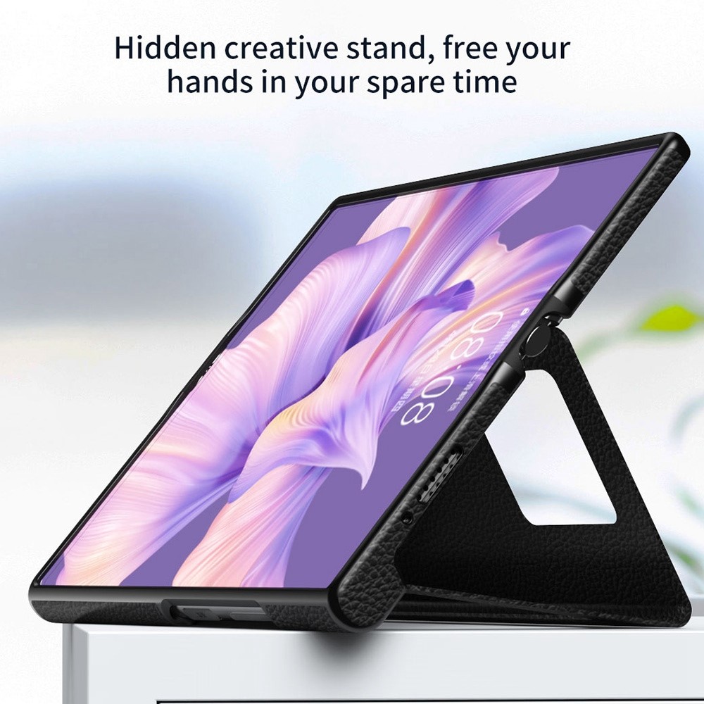 Hollow-out PU Leather Coated PC Phone Case for Huawei Mate Xs 2, Litchi Texture Magnetic Closure Kickstand Folding Phone Cover - Black-3
