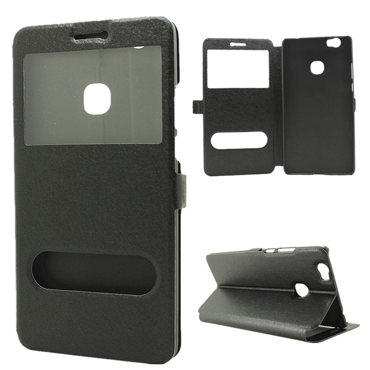 Silk Texture Dual Windows Stand Leather Cover for Huawei Honor Note 8 - Black-1